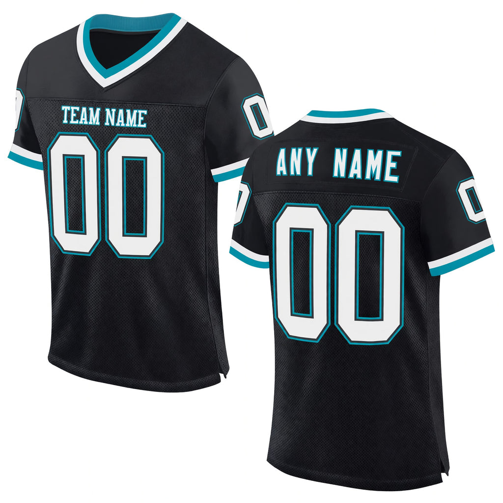 Custom Black White-Teal Mesh Authentic Throwback Football Jersey
