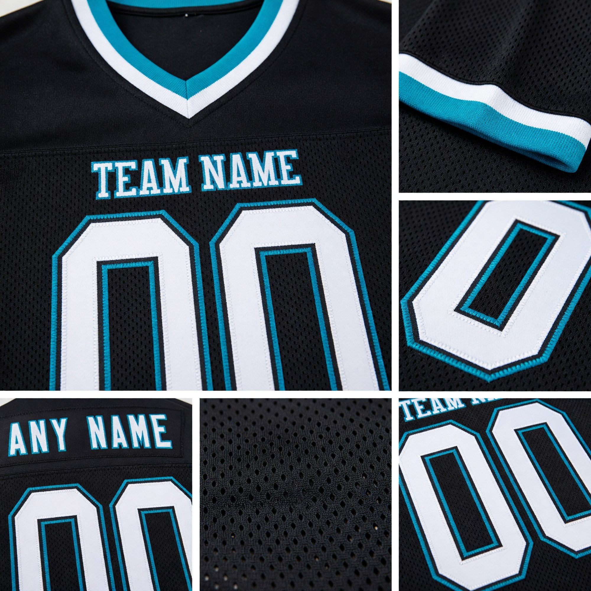 Custom Black White-Teal Mesh Authentic Throwback Football Jersey detail