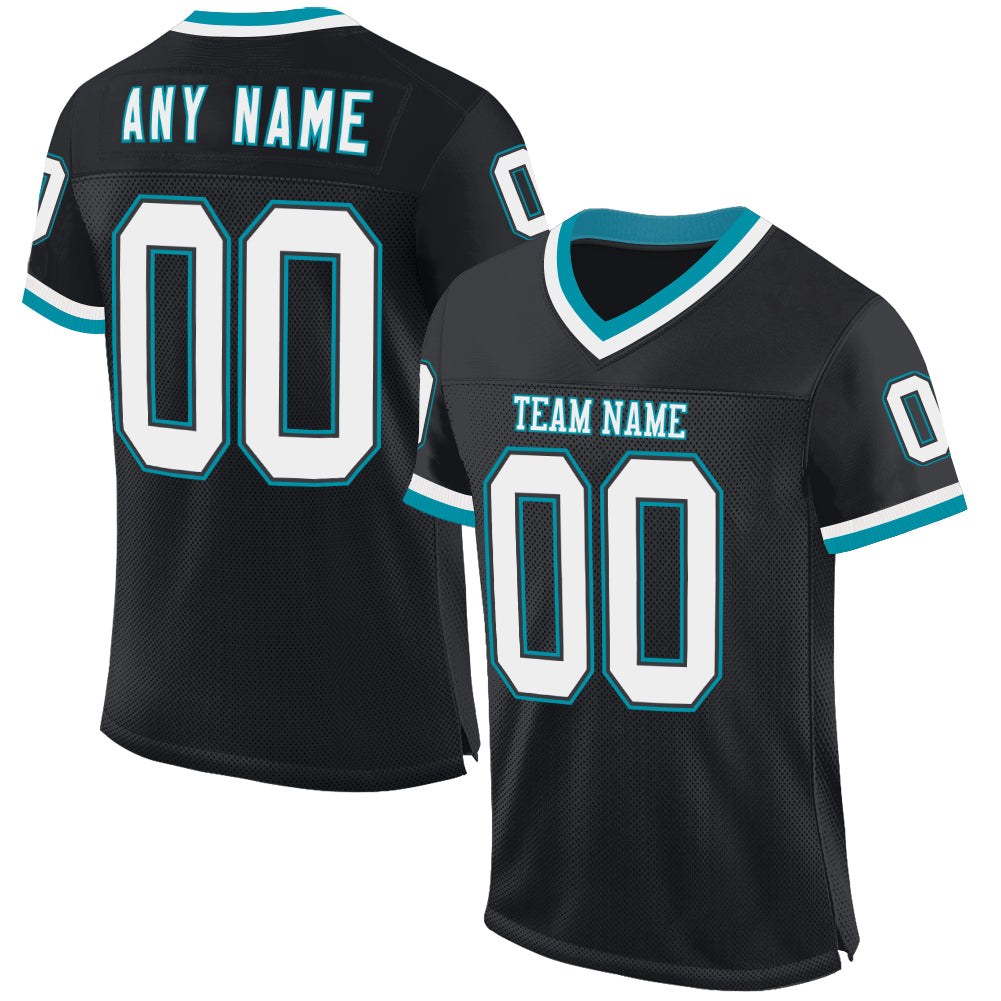 Custom Black White-Teal Mesh Authentic Throwback Football Jersey photo 1