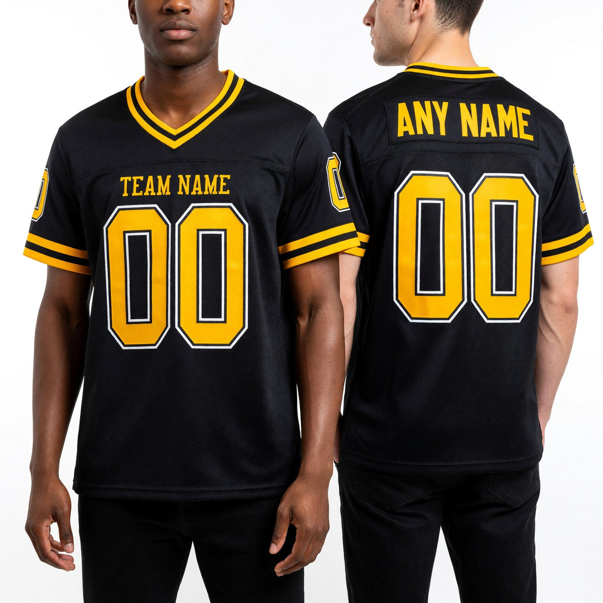 Custom Black Gold-White Mesh Authentic Throwback Football Jersey worn front and back