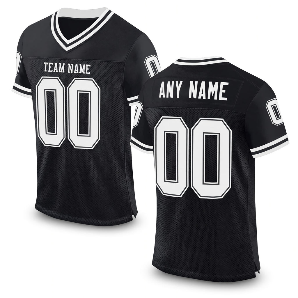 Custom Black White Mesh Authentic Throwback Football Jersey