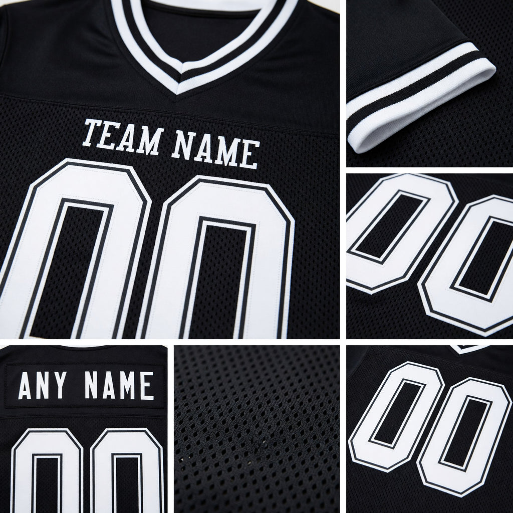 Custom Black White Mesh Authentic Throwback Football Jersey detail