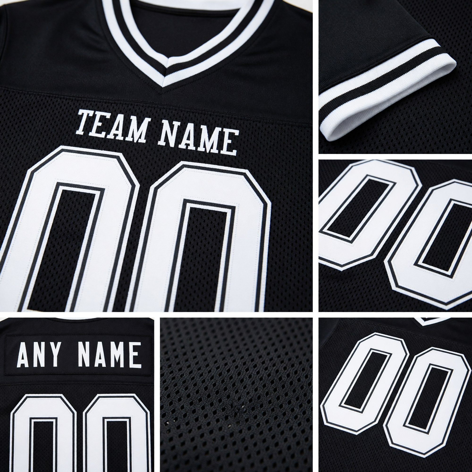 Custom Black White Mesh Authentic Throwback Football Jersey detail