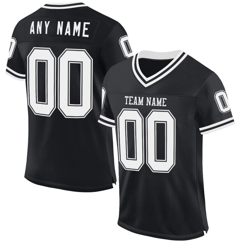 Custom Black White Mesh Authentic Throwback Football Jersey photo 1