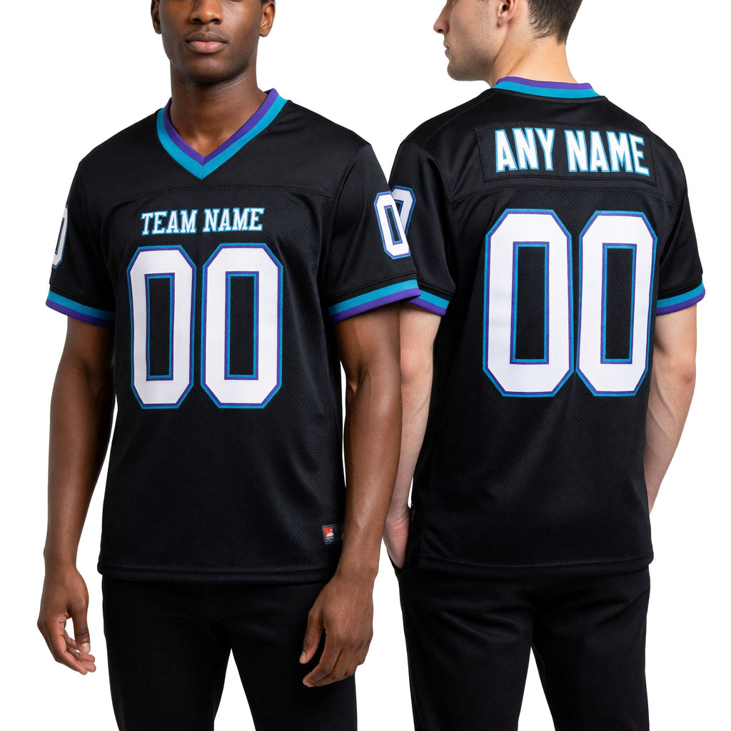 Custom Black Purple-Teal Mesh Authentic Throwback Football Jersey worn front and back