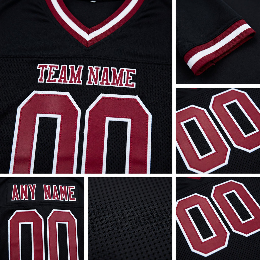 Custom Black Maroon-White Mesh Authentic Throwback Football Jersey detail