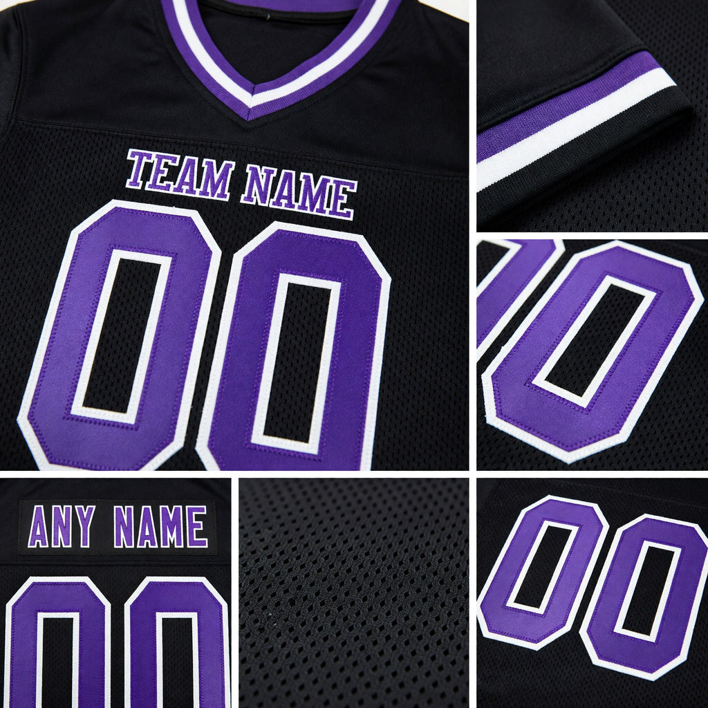 Custom Black Purple-White Mesh Authentic Throwback Football Jersey detail