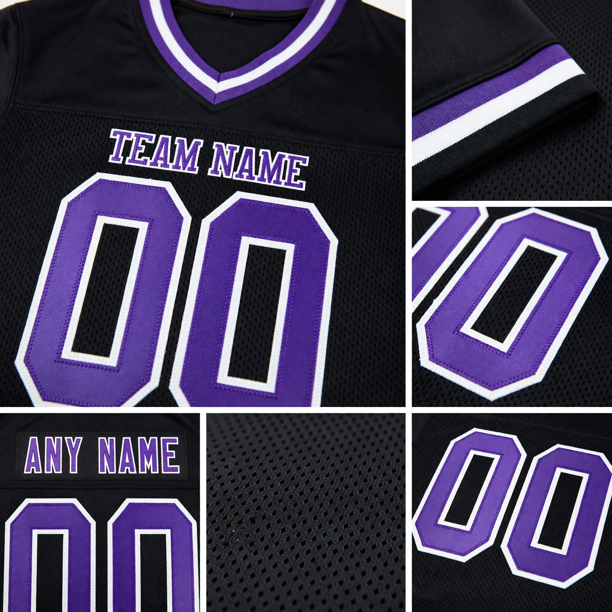 Custom Black Purple-White Mesh Authentic Throwback Football Jersey detail