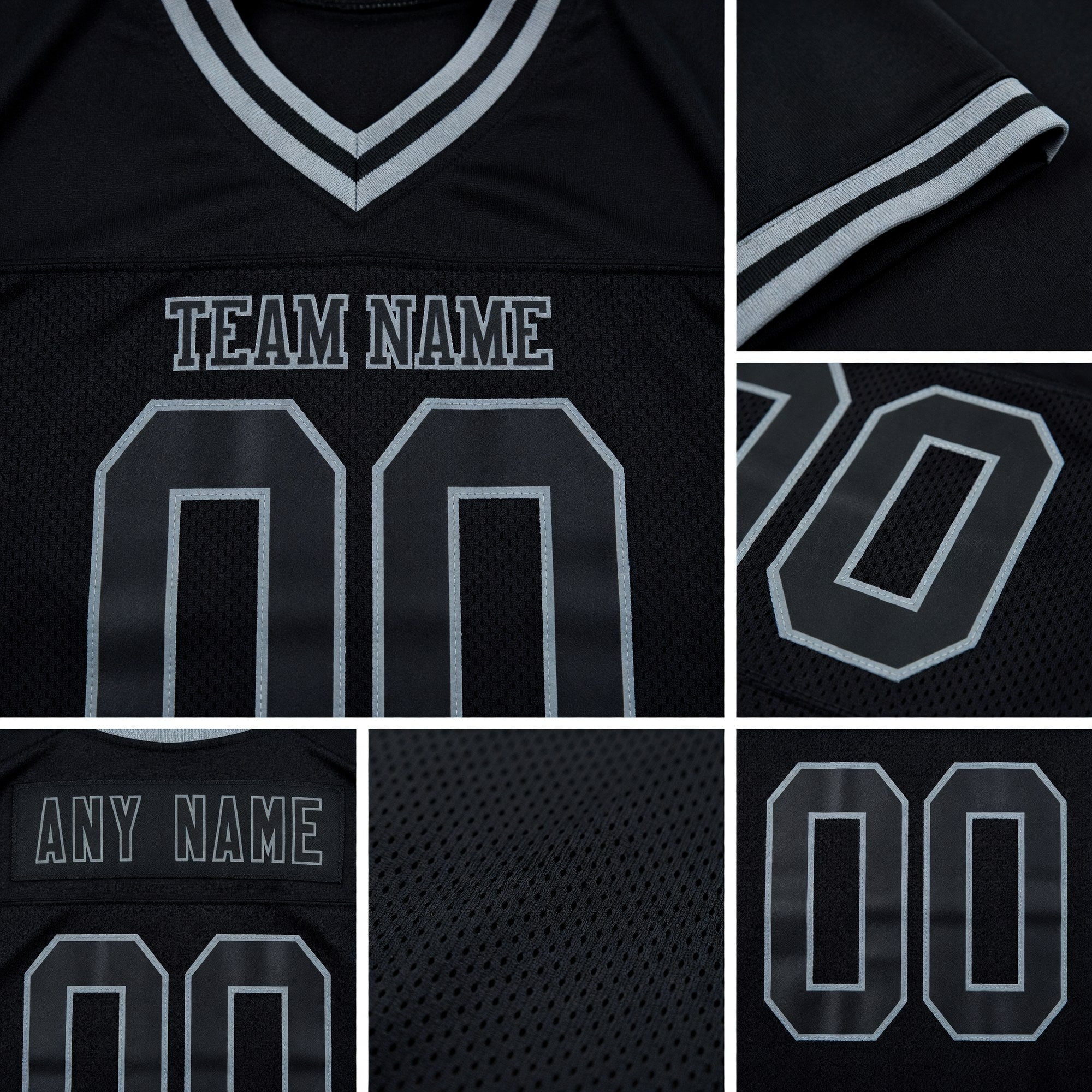 Custom Black Steel Gray Mesh Authentic Throwback Football Jersey detail