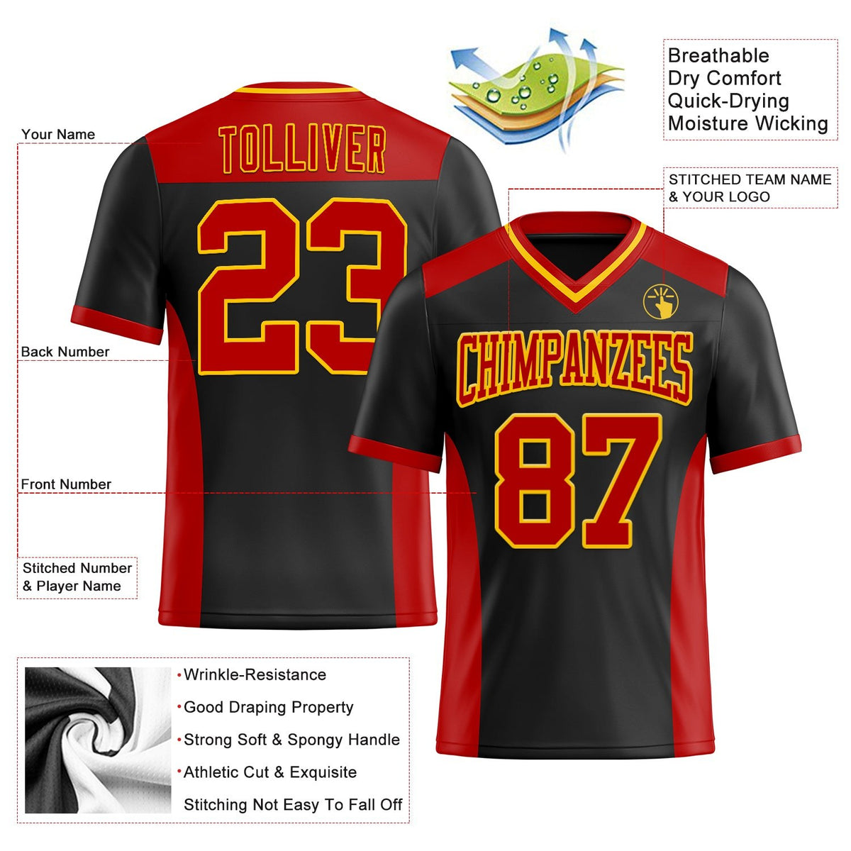 Custom Black Red-Yellow Authentic Football Jersey photo 3