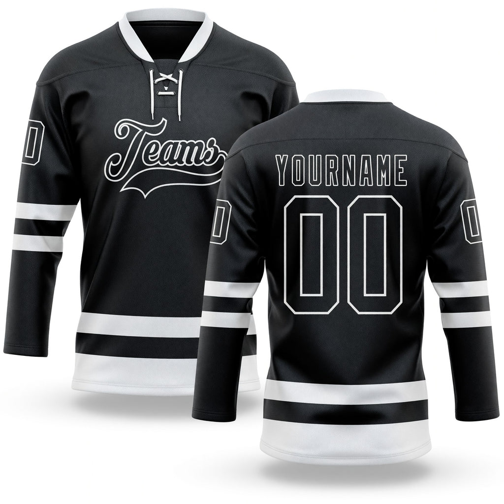 Custom Black White Hockey Lace Neck Jersey