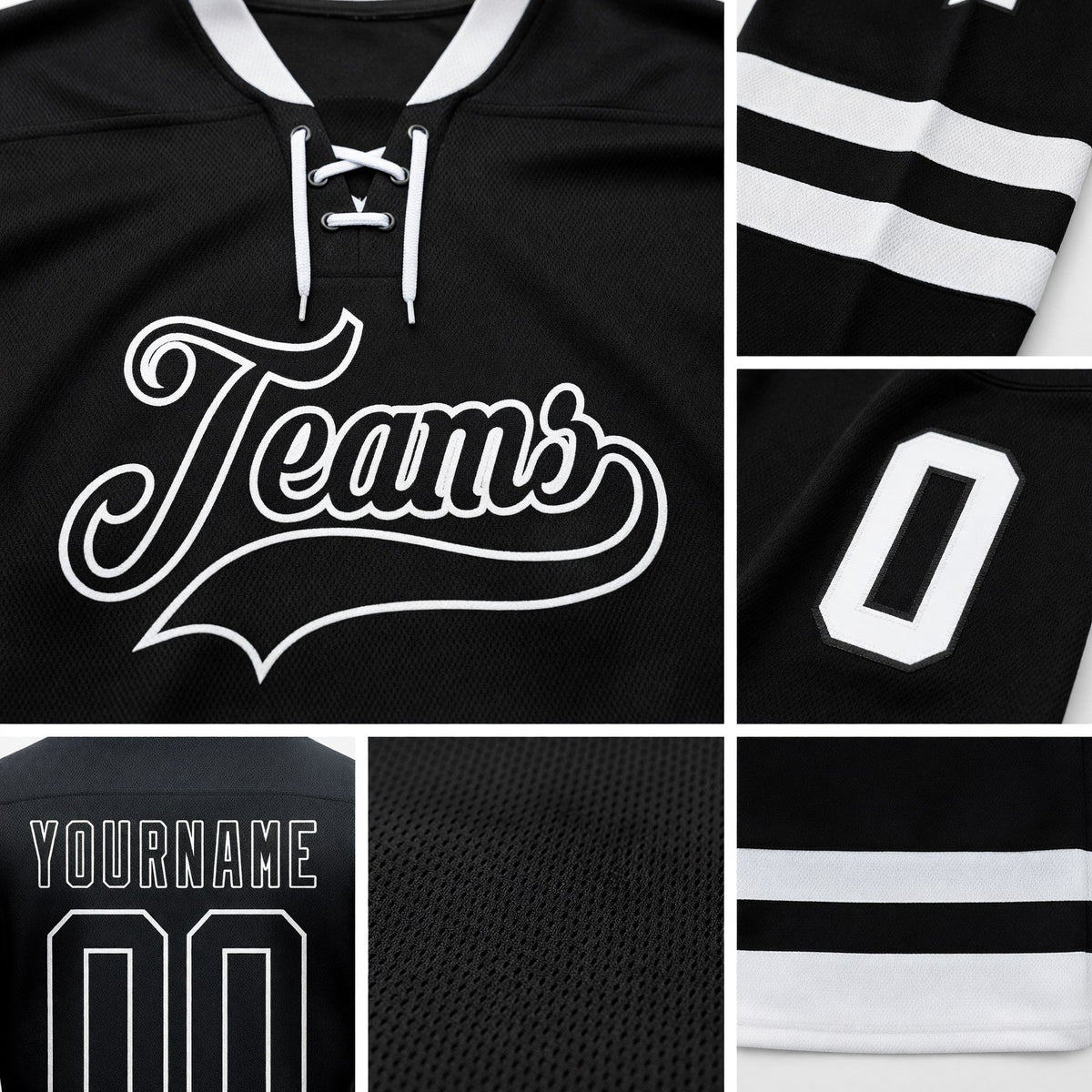Custom Black White Hockey Lace Neck Jersey detail