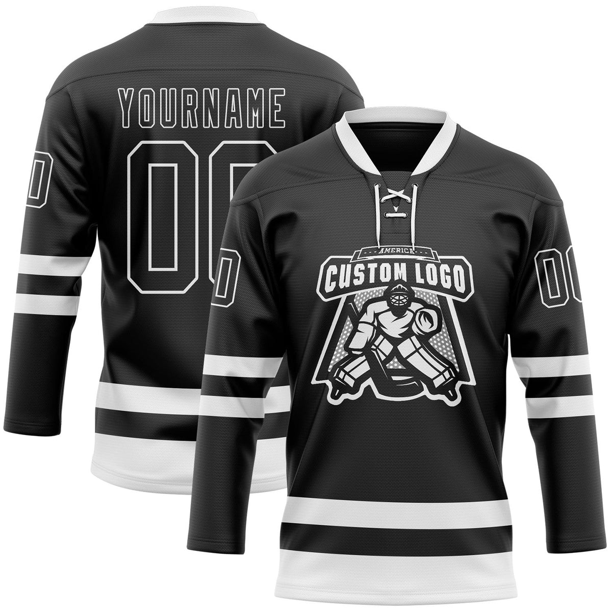 Custom Black White Hockey Lace Neck Jersey photo 2