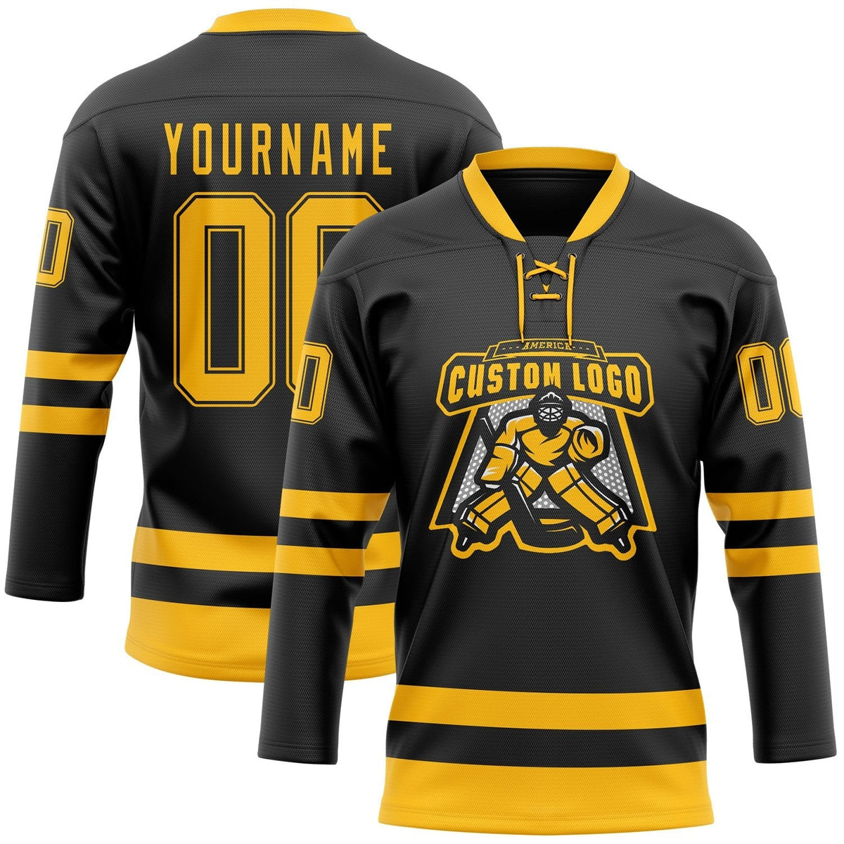 Custom Black Gold Hockey Lace Neck Jersey photo 2