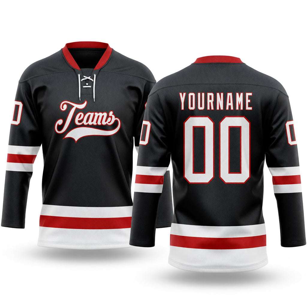 Custom Black White-Red Hockey Lace Neck Jersey