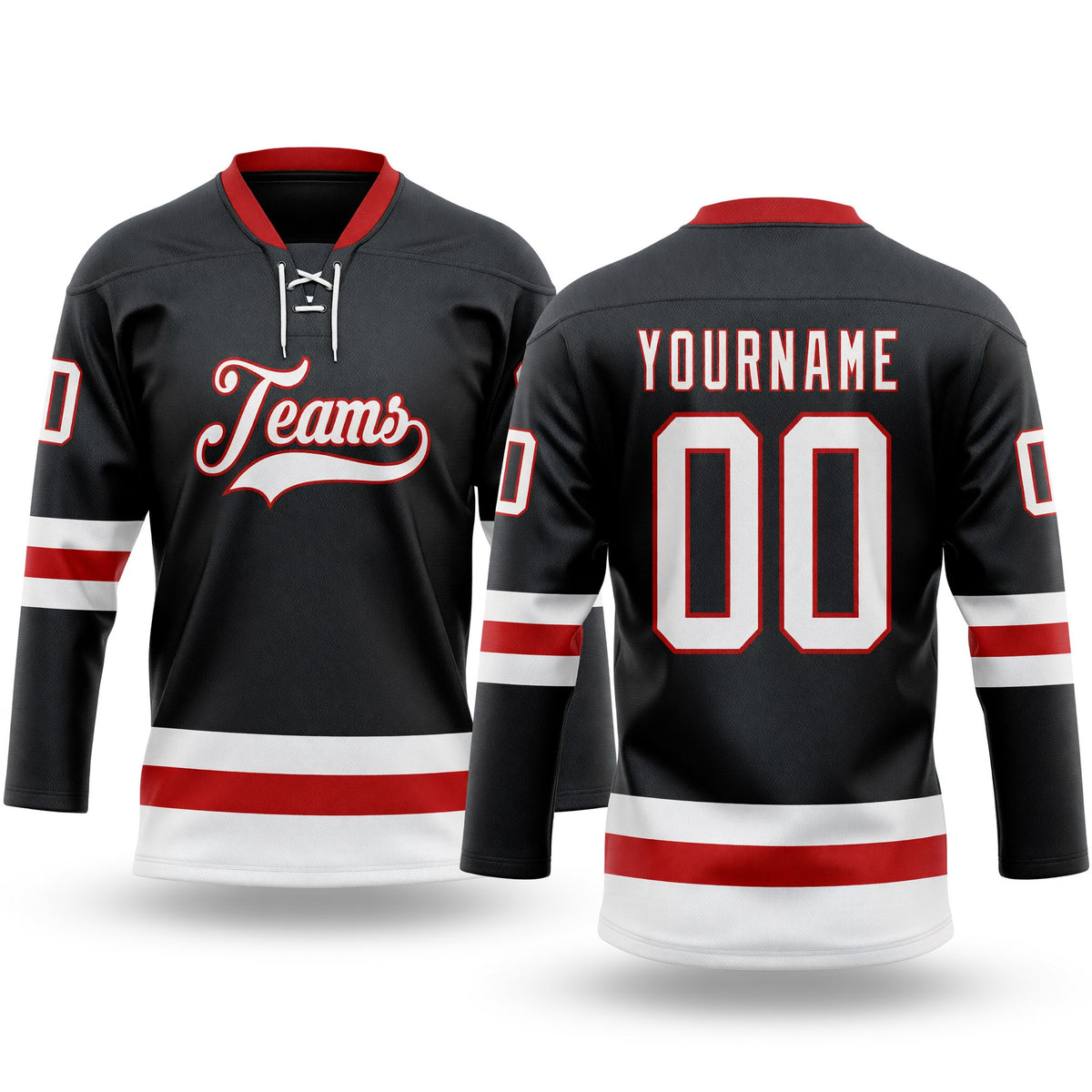 Custom Black White-Red Hockey Lace Neck Jersey