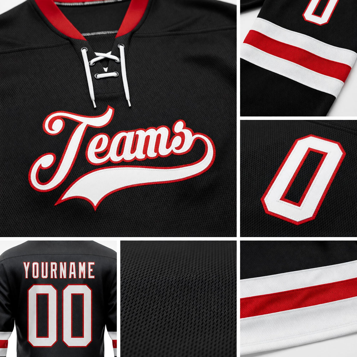 Custom Black White-Red Hockey Lace Neck Jersey detail