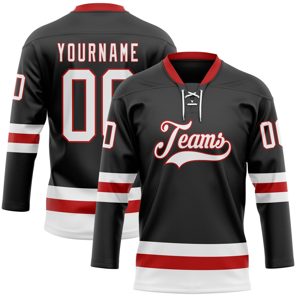 Custom Black White-Red Hockey Lace Neck Jersey photo 1