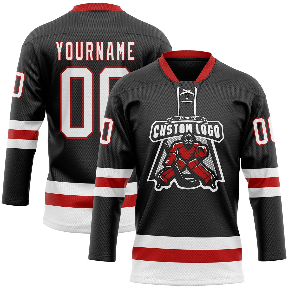 Custom Black White-Red Hockey Lace Neck Jersey photo 2