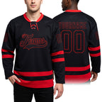 Custom Black Red Hockey Lace Neck Jersey worn front and back