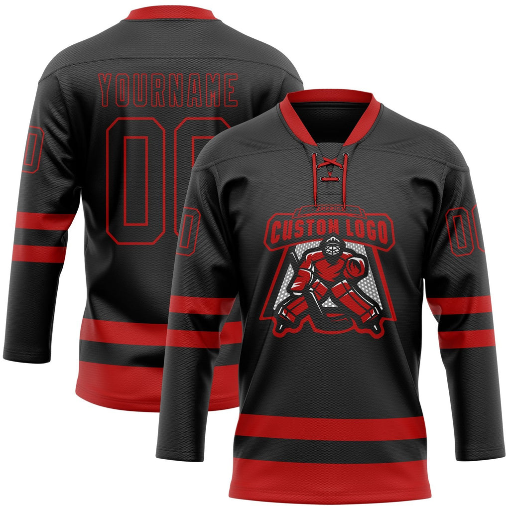 Custom Black Red Hockey Lace Neck Jersey photo 2