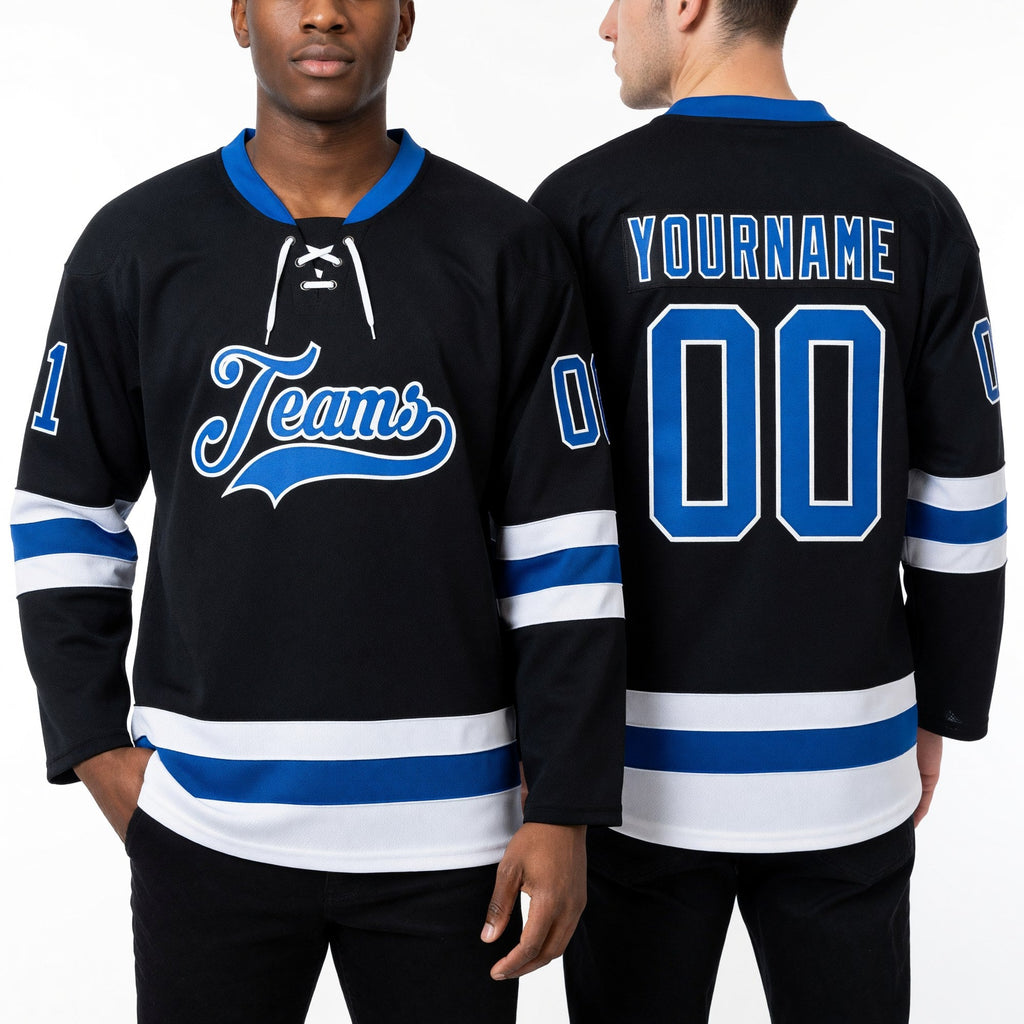 Custom Black Royal-White Hockey Lace Neck Jersey worn front and back