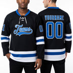 Custom Black Royal-White Hockey Lace Neck Jersey worn front and back