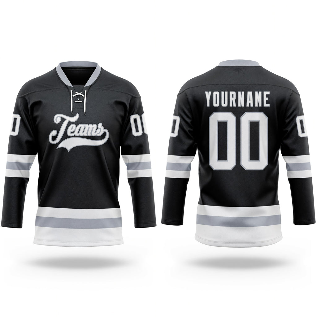 Custom Black White-Gray Hockey Lace Neck Jersey