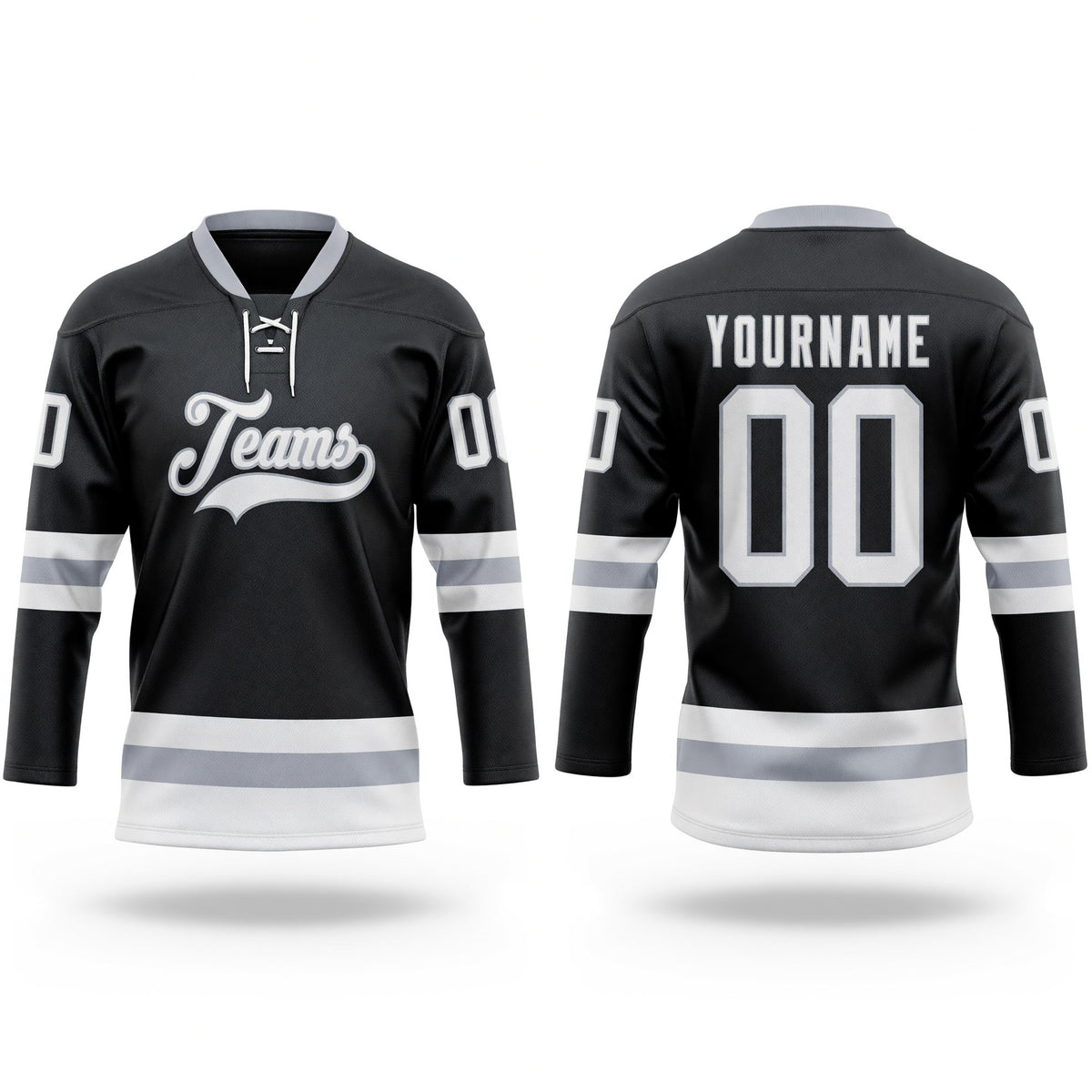 Custom Black White-Gray Hockey Lace Neck Jersey