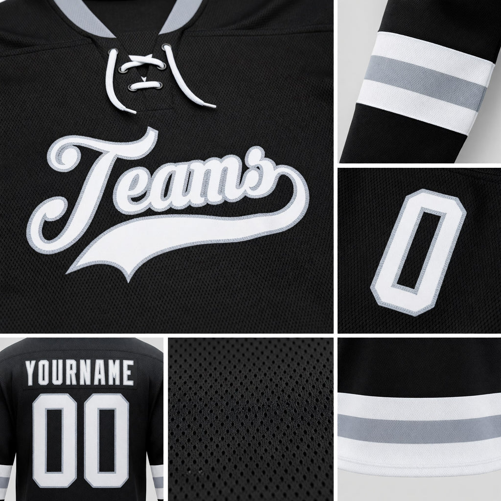 Custom Black White-Gray Hockey Lace Neck Jersey detail