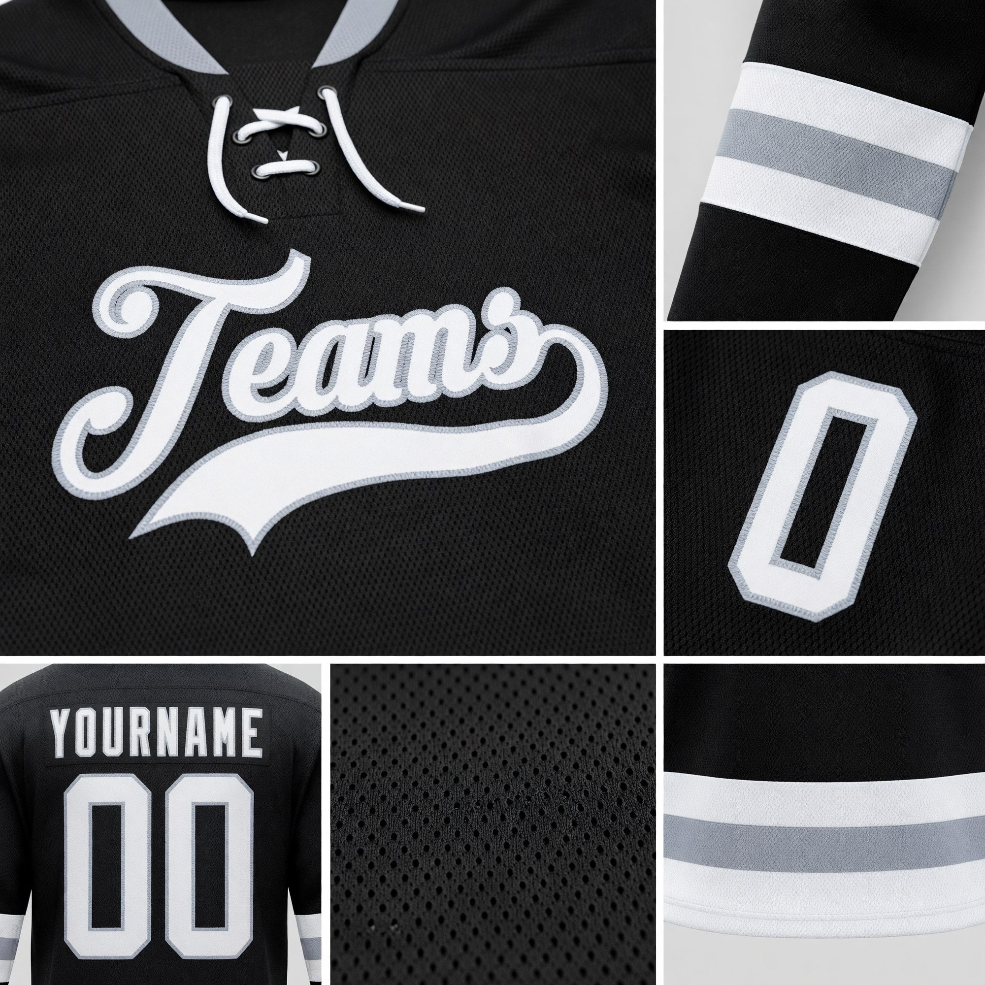 Custom Black White-Gray Hockey Lace Neck Jersey detail