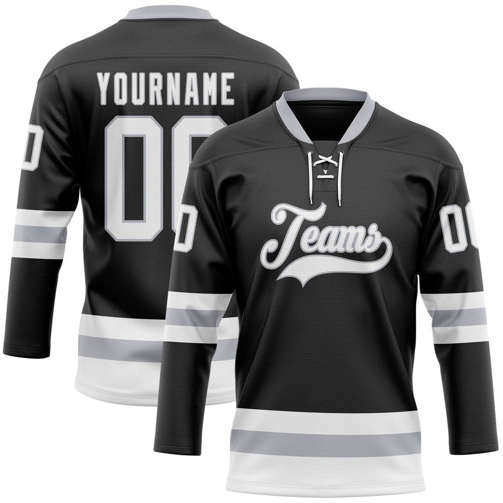 Custom Black White-Gray Hockey Lace Neck Jersey photo 1