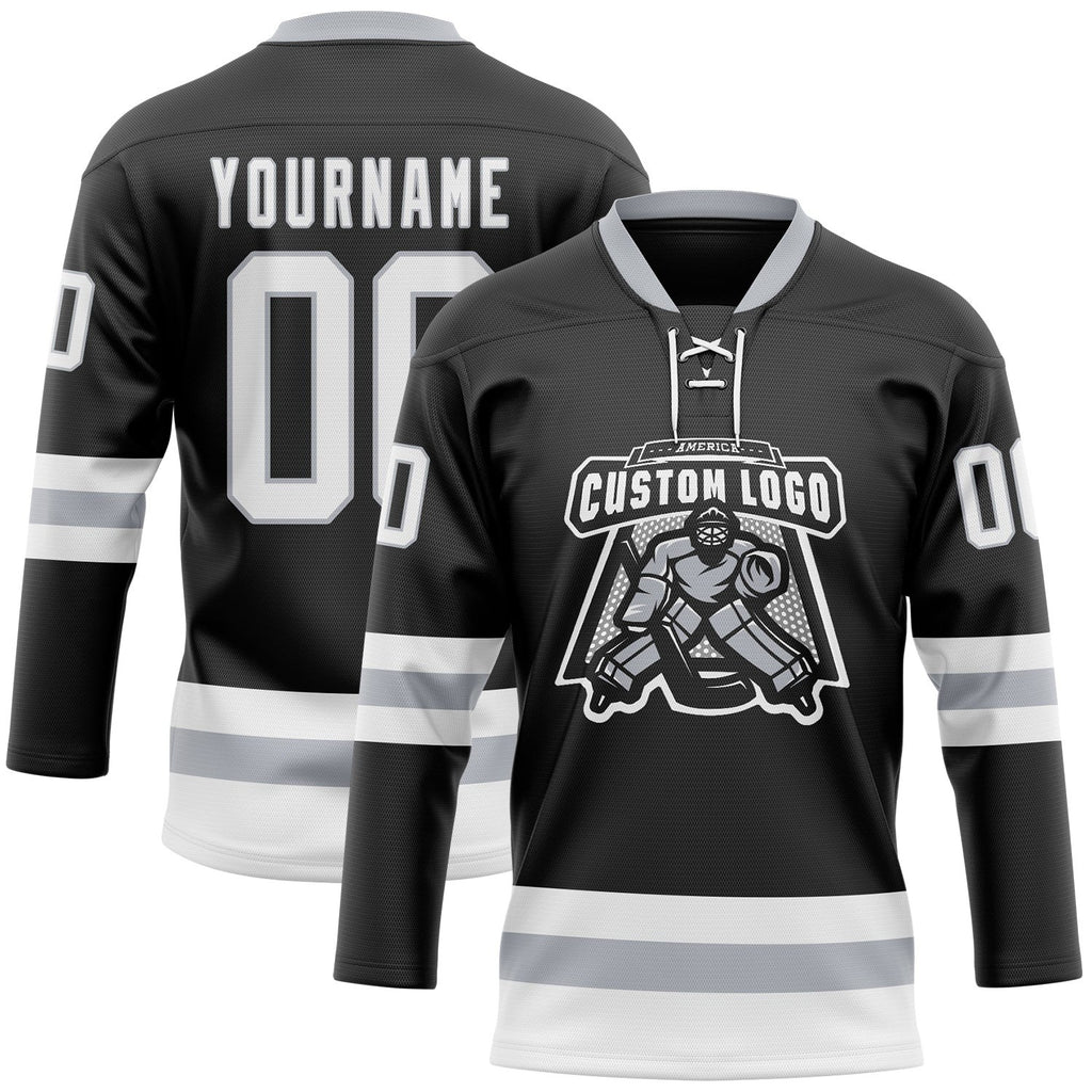 Custom Black White-Gray Hockey Lace Neck Jersey photo 2