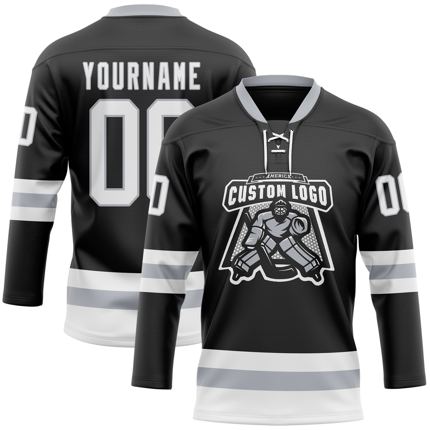 Custom Black White-Gray Hockey Lace Neck Jersey photo 2