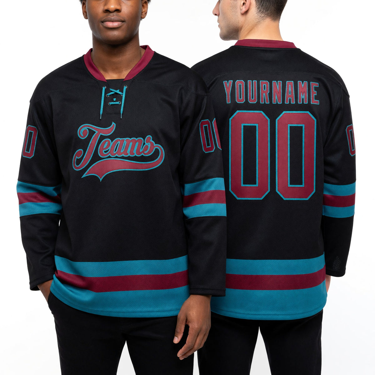 Custom Black Crimson-Teal Hockey Lace Neck Jersey worn front and back