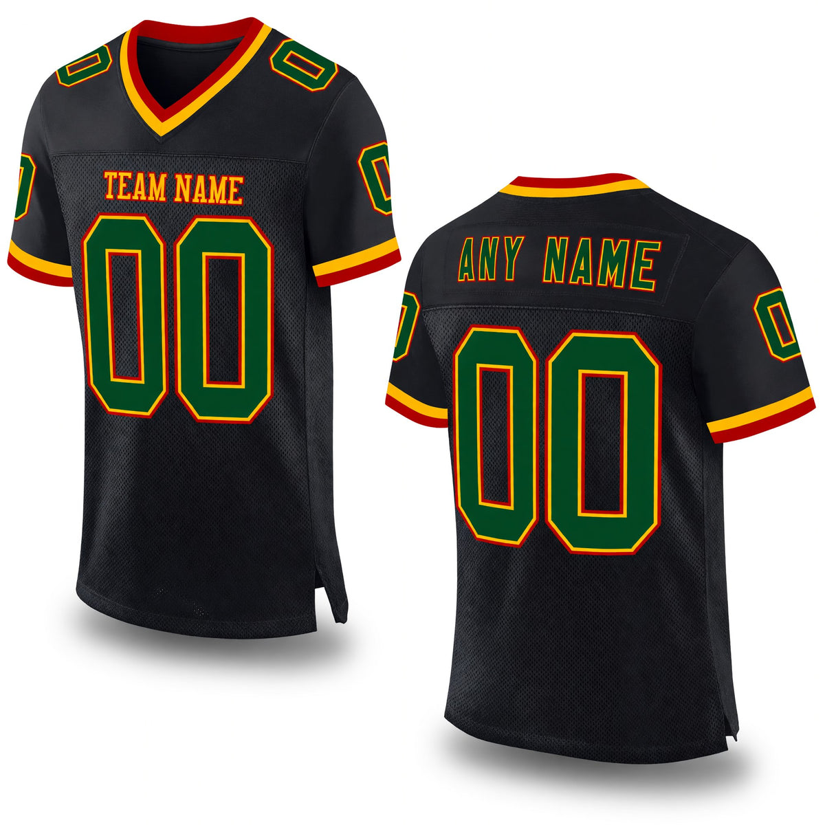 Custom Black Green Gold-Red Mesh Authentic Throwback Football Jersey