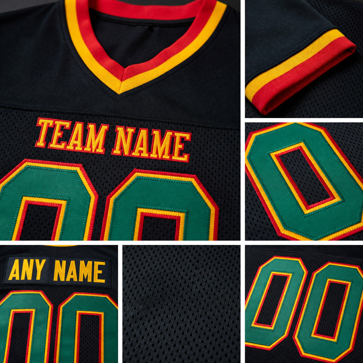 Custom Black Green Gold-Red Mesh Authentic Throwback Football Jersey detail