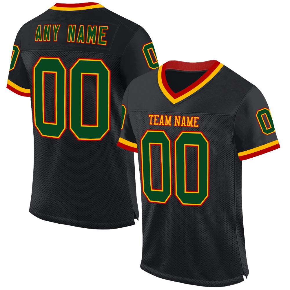 Custom Black Green Gold-Red Mesh Authentic Throwback Football Jersey photo 1