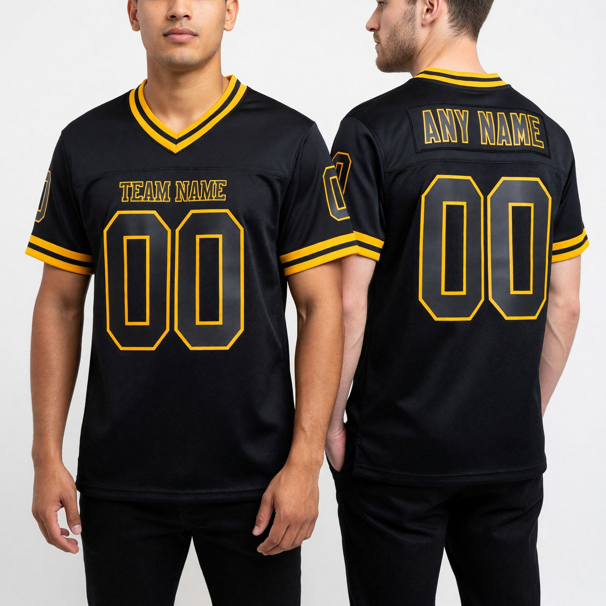 Custom Black Old Gold Mesh Authentic Throwback Football Jersey worn front and back
