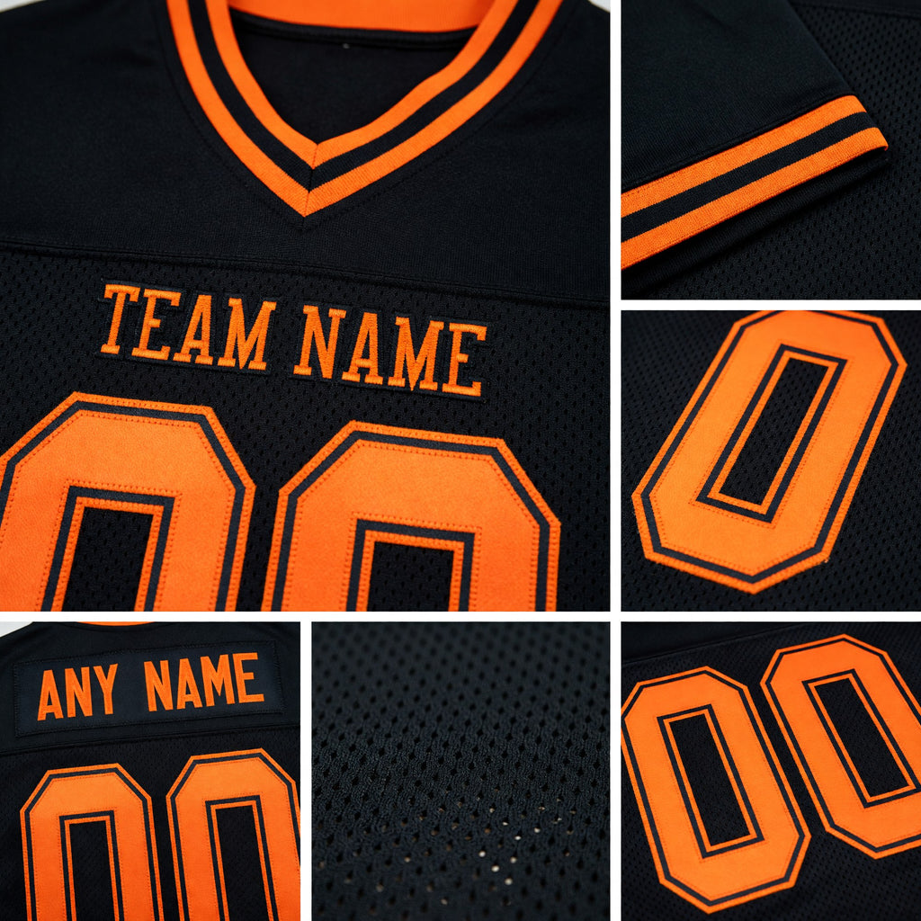 Custom Black Orange Mesh Authentic Throwback Football Jersey detail