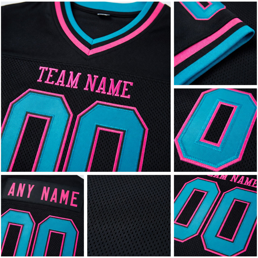 Custom Black Teal-Pink Mesh Authentic Throwback Football Jersey detail