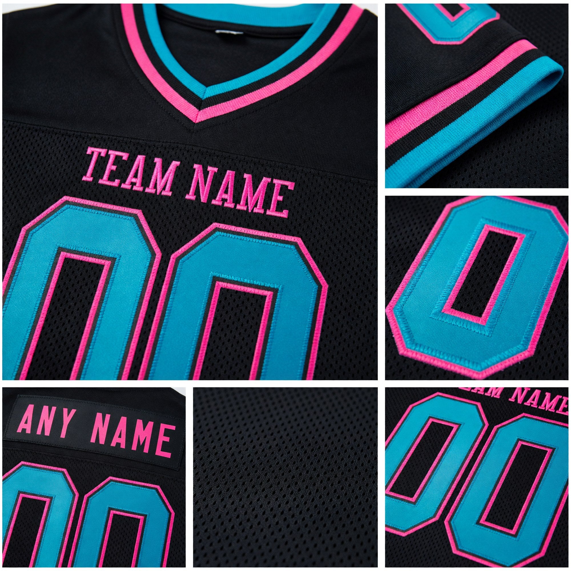 Custom Black Teal-Pink Mesh Authentic Throwback Football Jersey detail