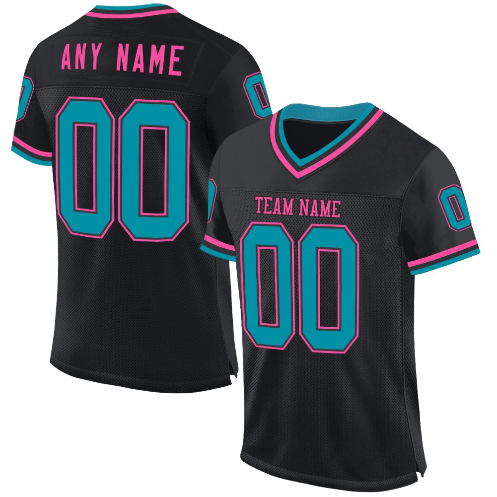 Custom Black Teal-Pink Mesh Authentic Throwback Football Jersey photo 1
