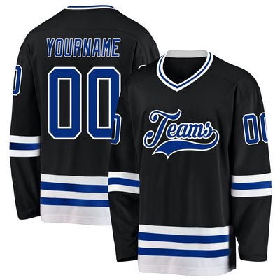 Custom Black Hockey Jersey with Royal and White Lettering Design 2437