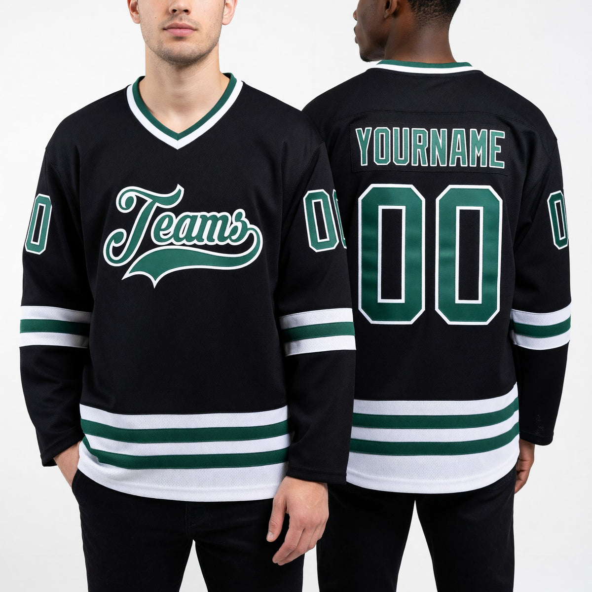 Custom Black Green-White Hockey Jersey worn front and back