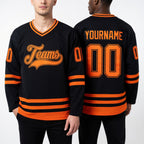 Custom Black Orange Hockey Jersey worn front and back