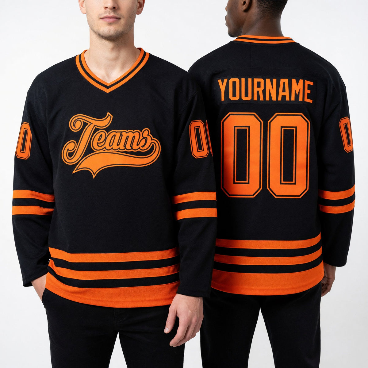 Custom Black Orange Hockey Jersey worn front and back