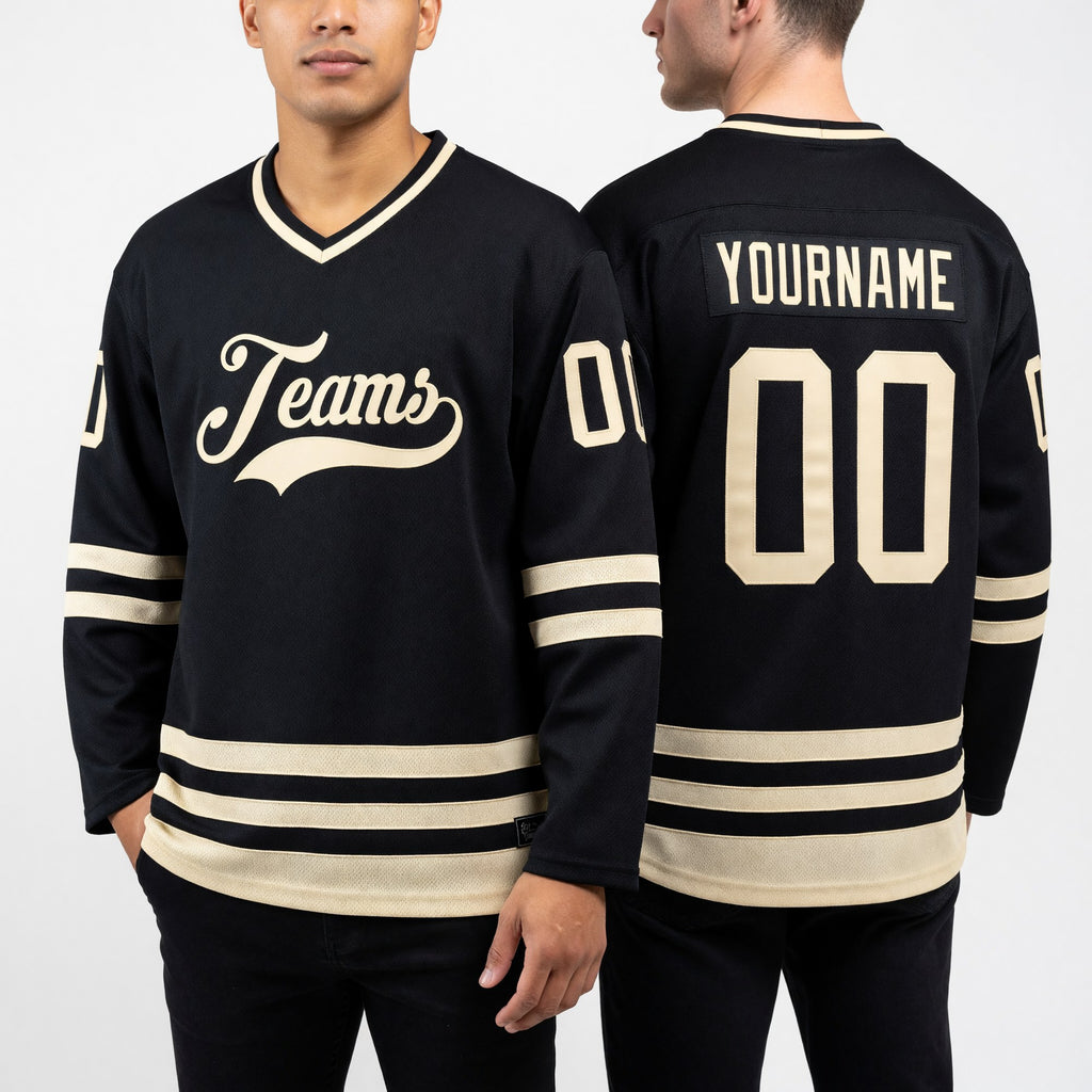 Custom Black Cream Hockey Jersey worn front and back