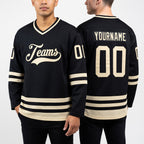 Custom Black Cream Hockey Jersey worn front and back