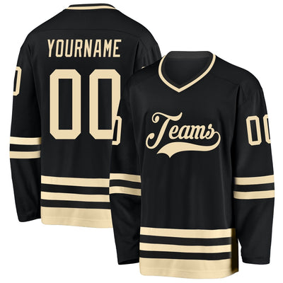 Custom Black Hockey Jersey with Cream Lettering
